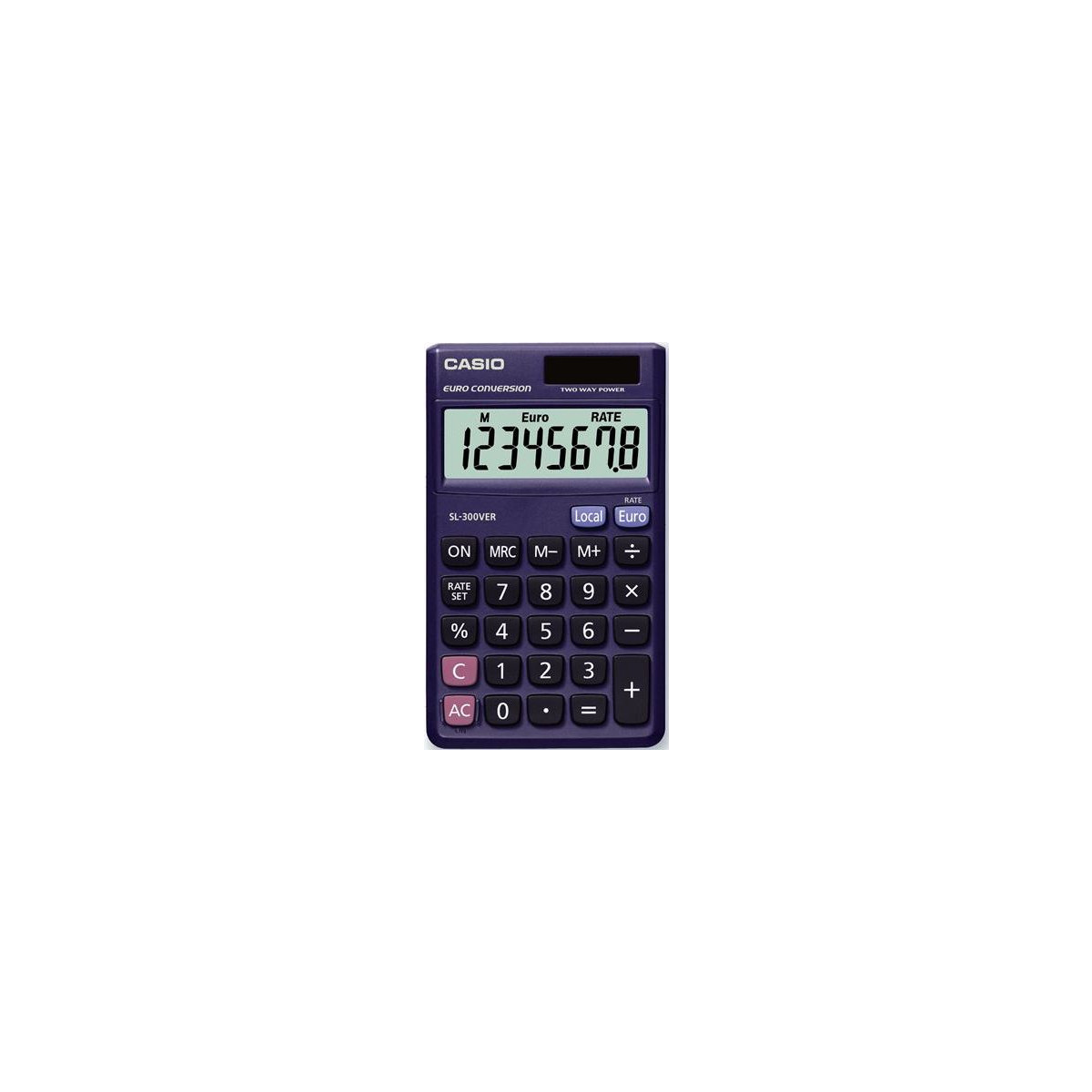 Ein kleiner, lila Casio-Taschenrechner, der die Zahl 1234567,8 auf seinem Display anzeigt.