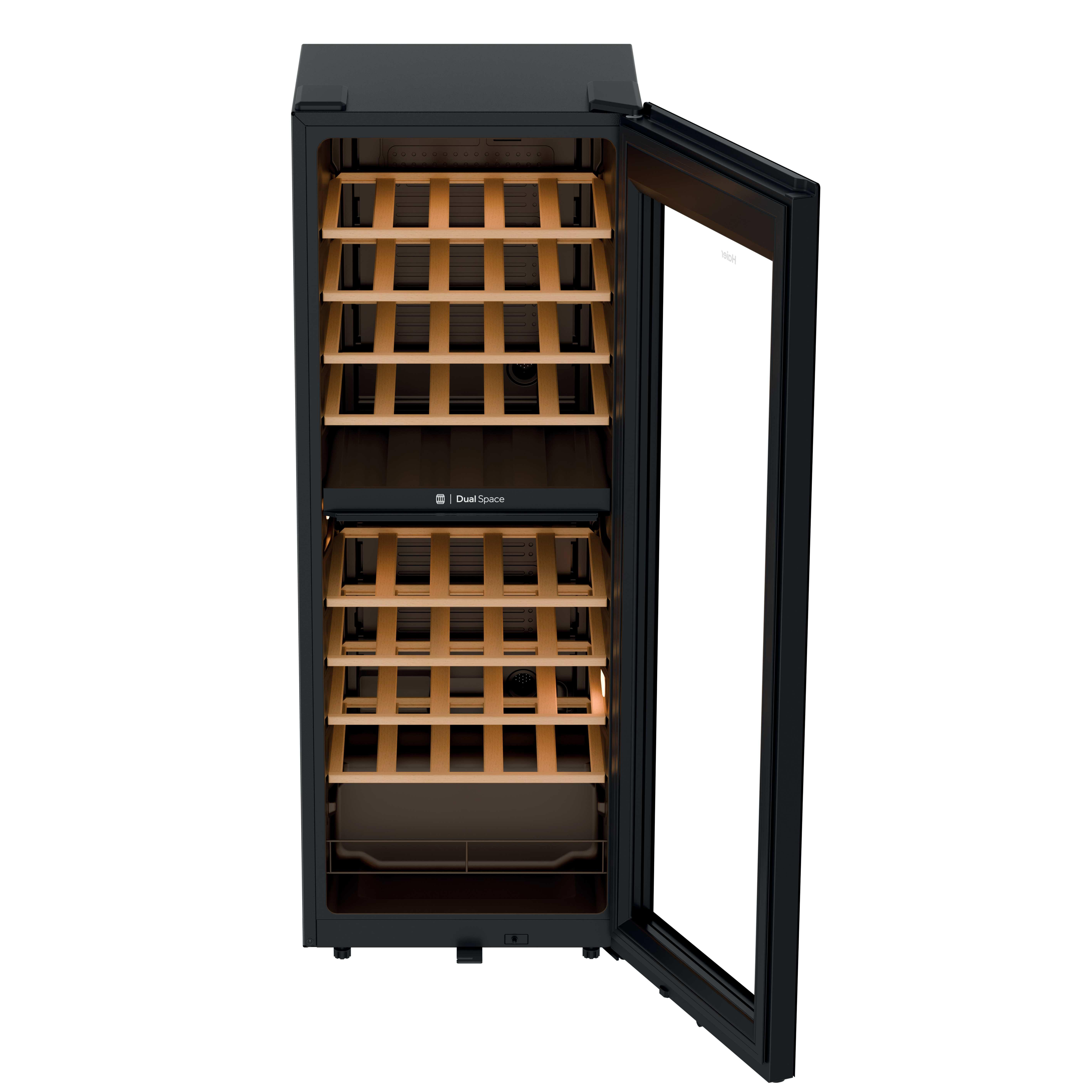 Cantinetta nera con porta aperta, che rivela ripiani in legno. Lo sfondo è bianco.