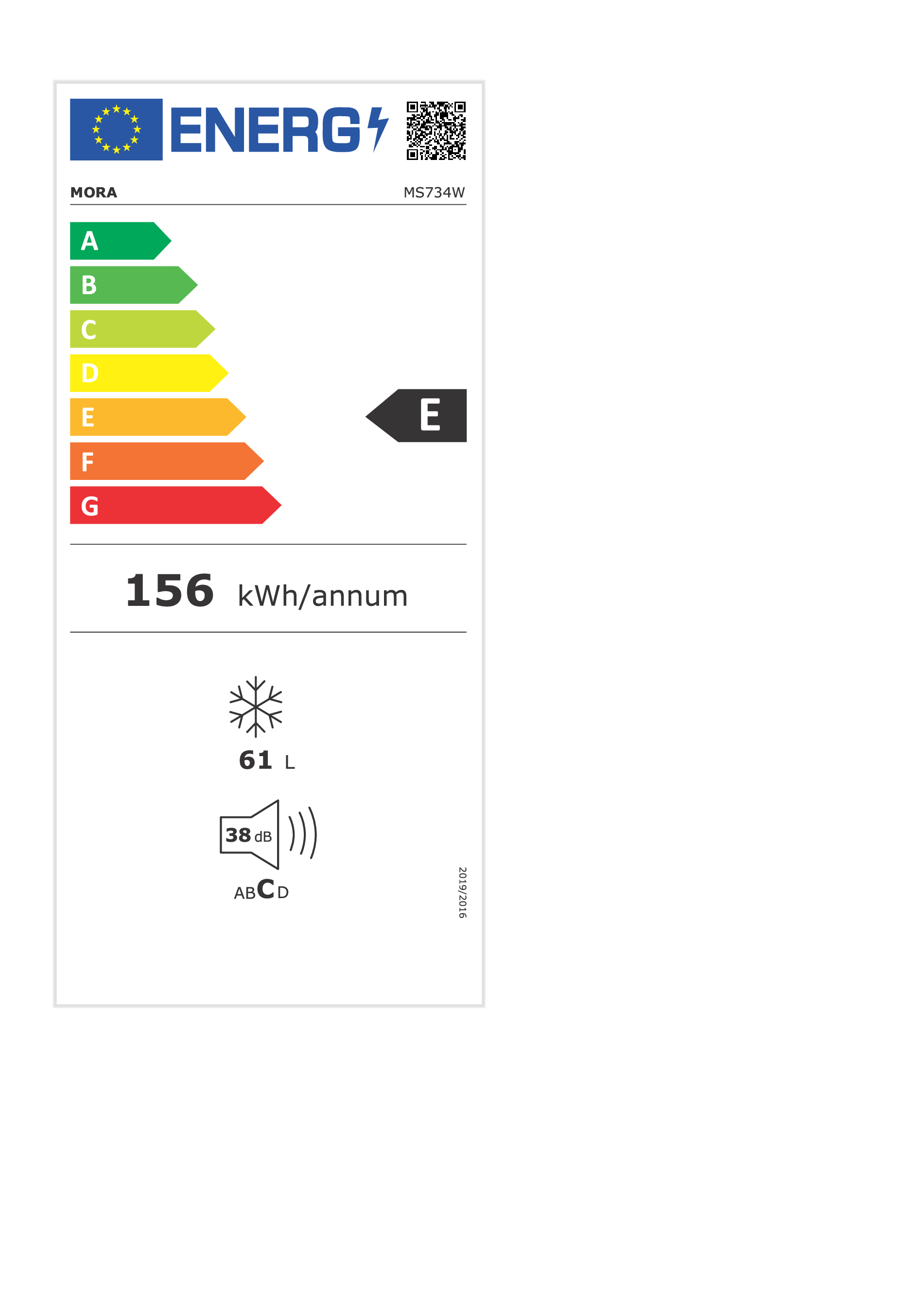 Etykieta energetyczna dla lodówki. Wyświetla efektywność energetyczną, kWh i inne dane techniczne.