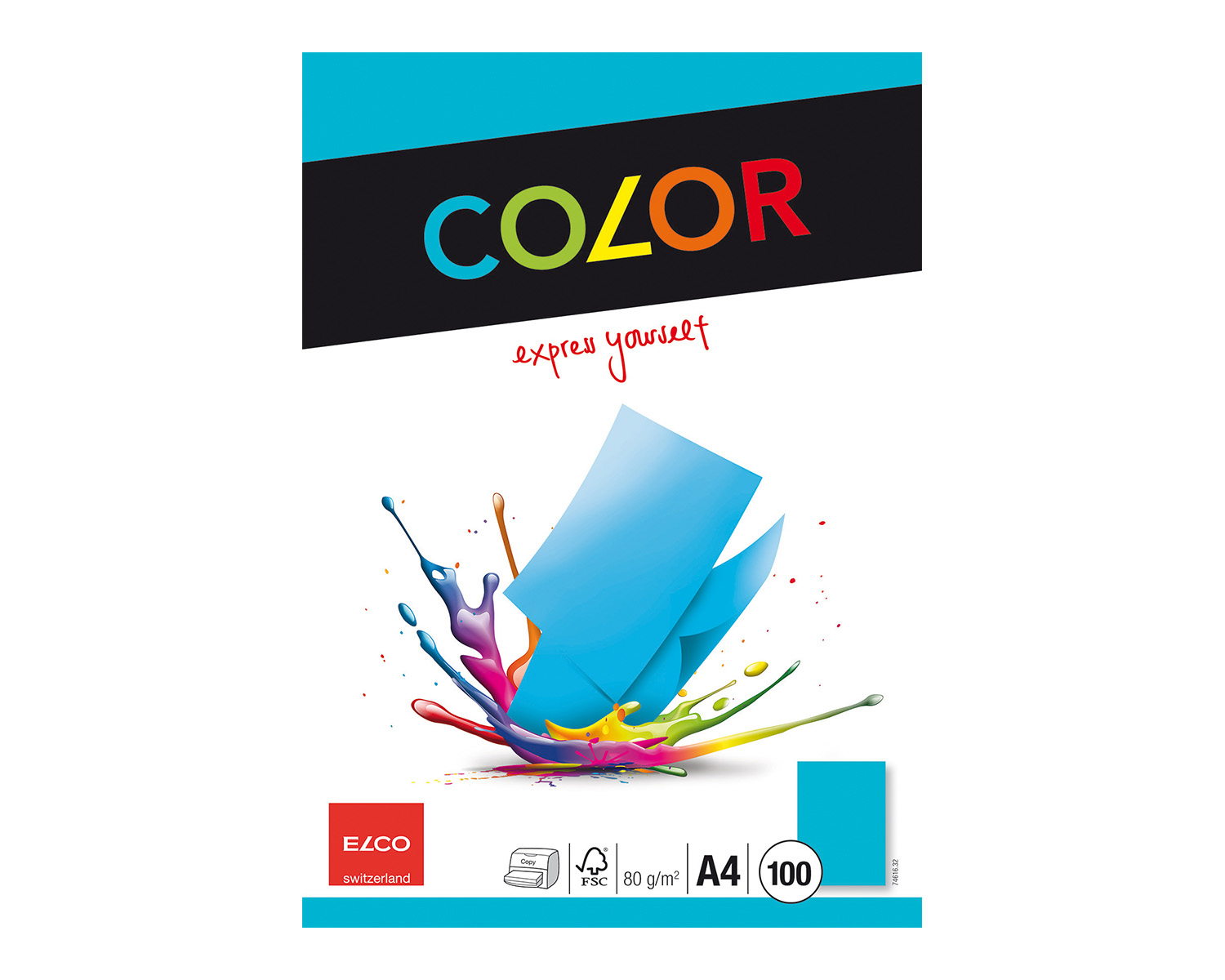 Papierbogen mit blauer Farbe. Das Wort 'COLOR' in Rot, Schwarz. Farbspritzer. Blaues Papier.