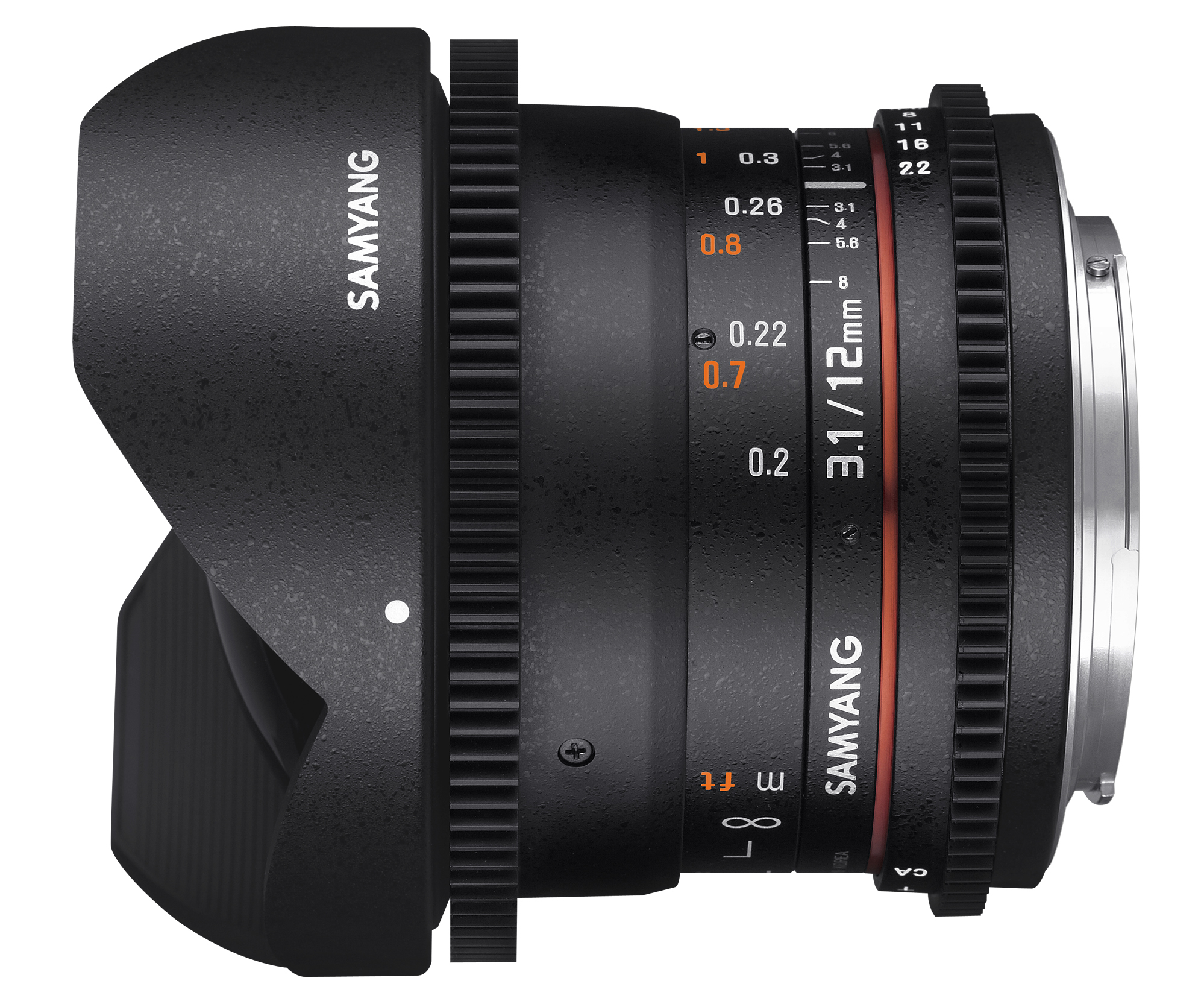 Ein schwarzes Samyang 3.1/12mm Kameraobjektiv mit Fokus- und Entfernungseinstellungen.