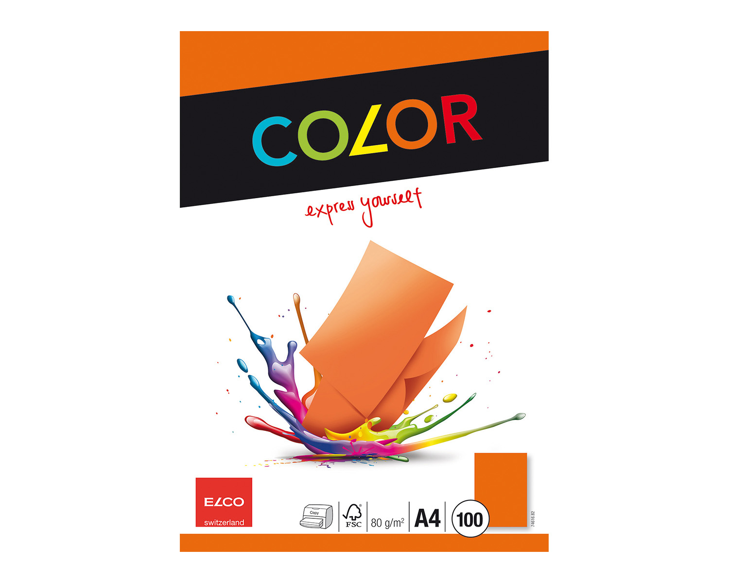 Oranges Elco Color Papierpaket mit Farbspritzer und dem Satz 'express yourself'.