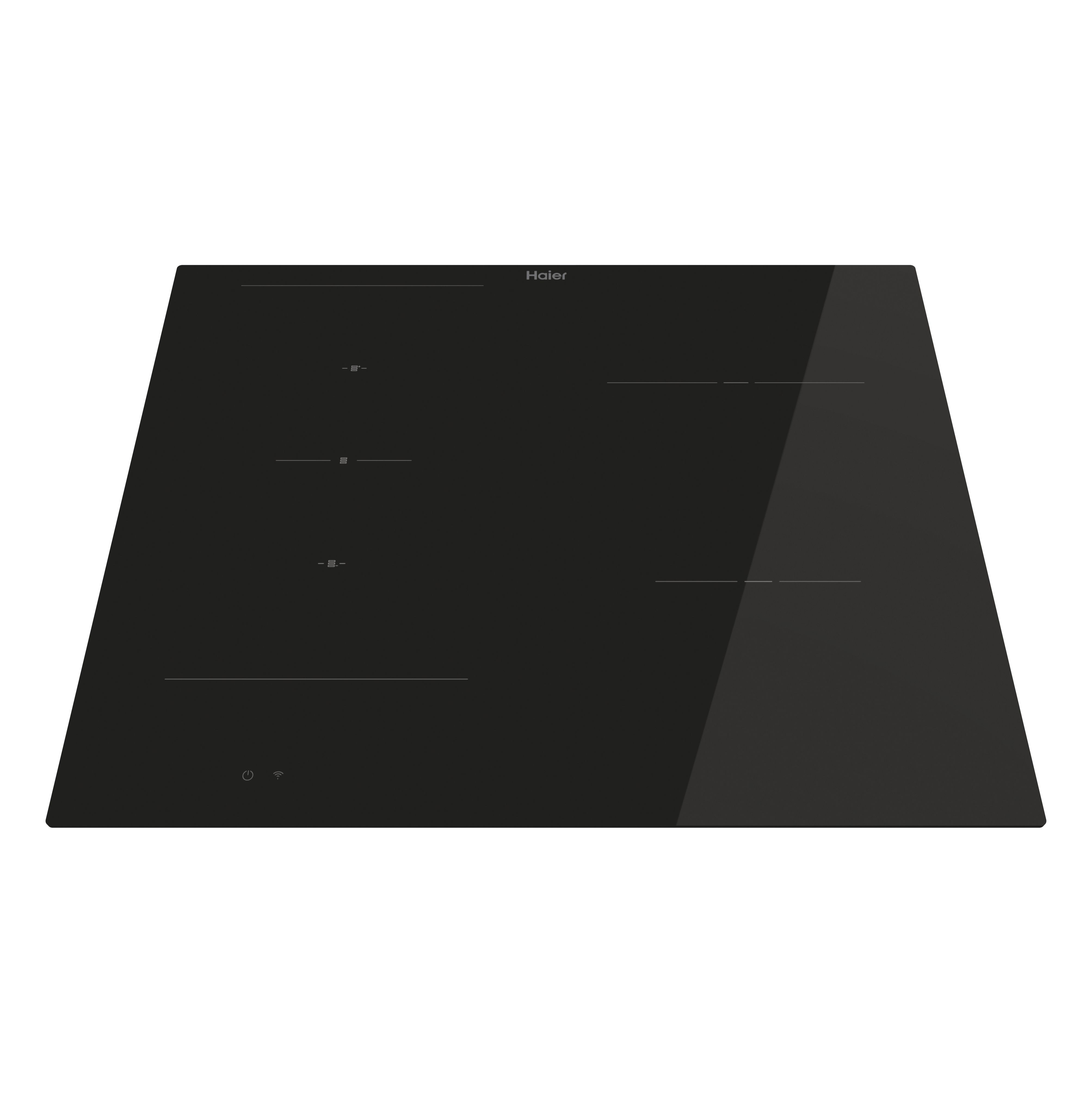 Placa de inducción Haier negra con controles táctiles, vista desde arriba.