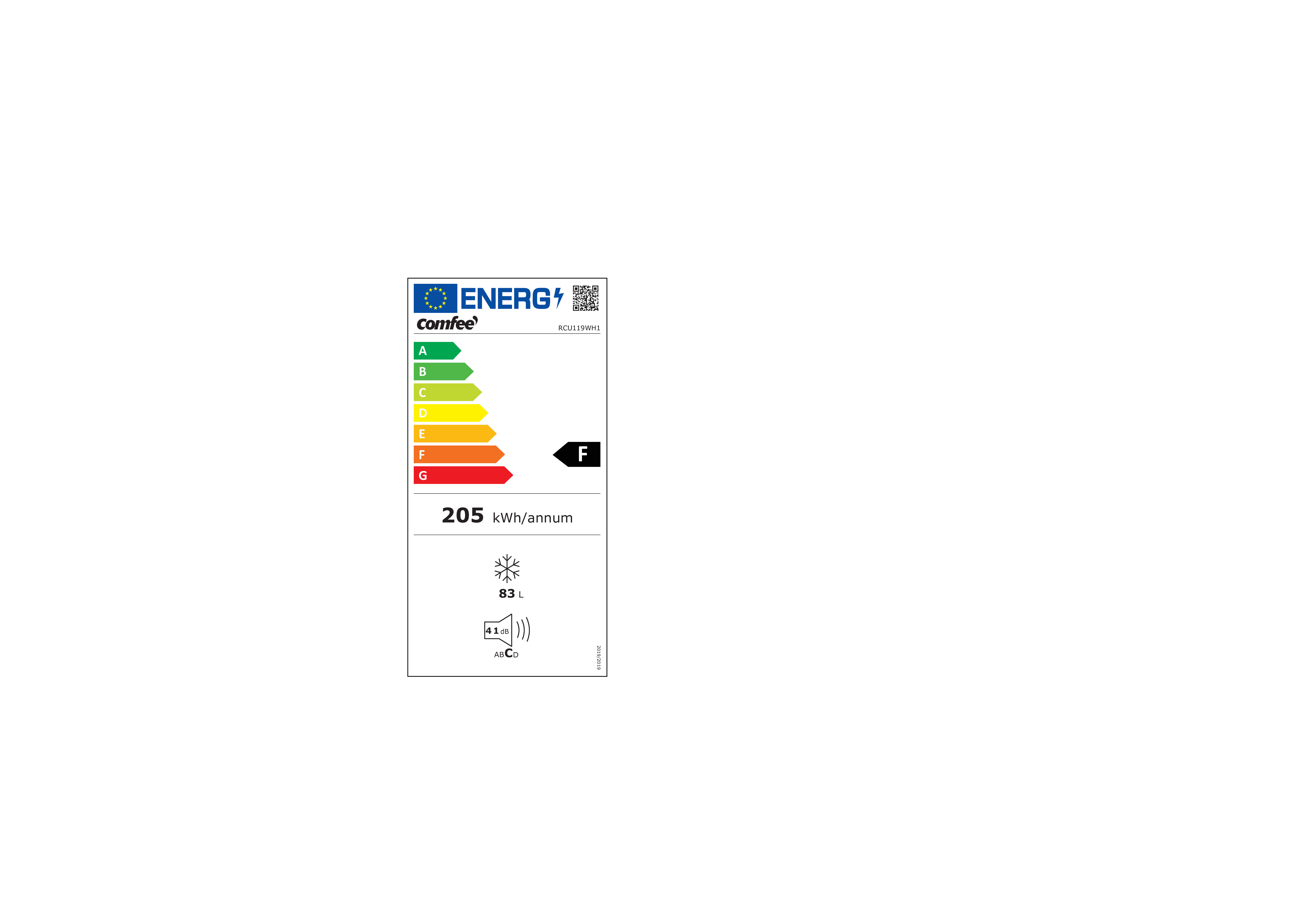Etichetta energetica per frigorifero Comfee, con valutazioni e dettagli sui consumi.