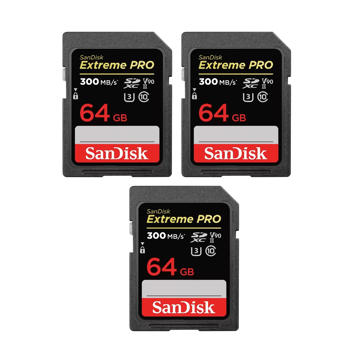 Tres tarjetas SD SanDisk Extreme PRO 64 GB negras sobre fondo blanco.