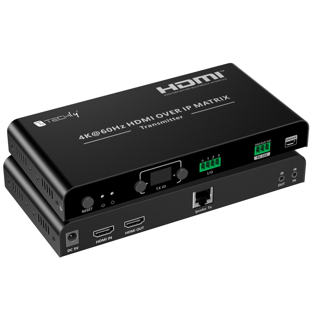 Dispositivo matrice HDMI nero con più porte, etichette e pulsanti. Ha una porta IP.