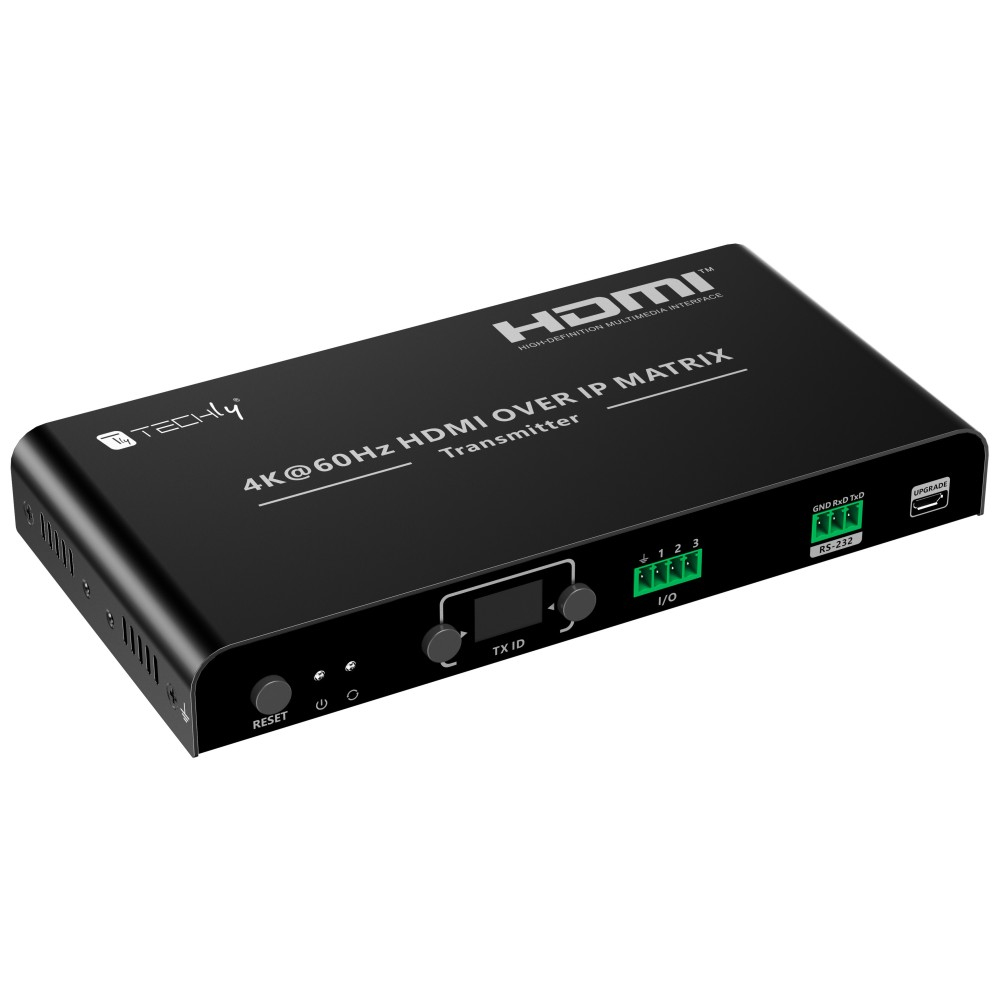Trasmettitore matrice HDMI nero con pulsante di ripristino, pulsanti 1, 2, 3 e una porta RS-232.