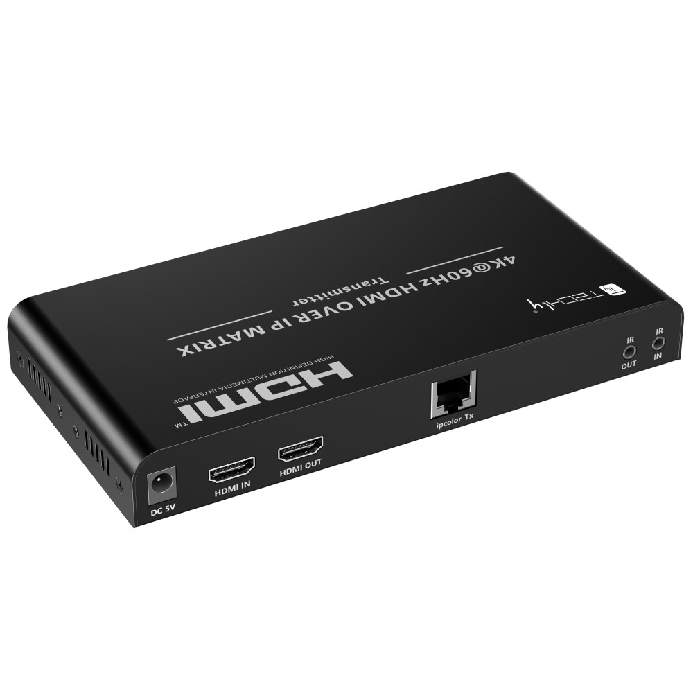 Trasmettitore matrice HDMI nero con diverse porte, tra cui HDMI, e una porta Ethernet.