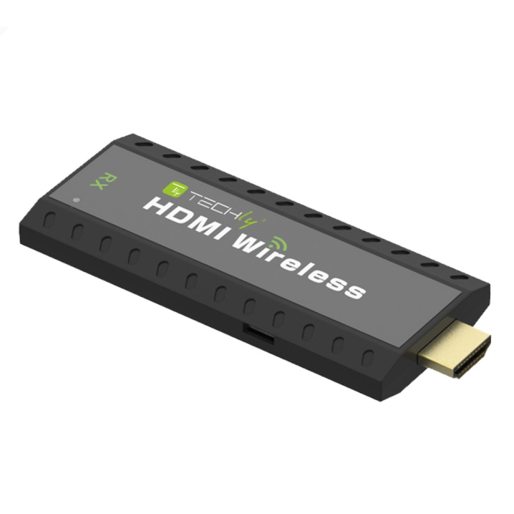 Ricevitore HDMI wireless nero e grigio. Ha un connettore HDMI dorato.