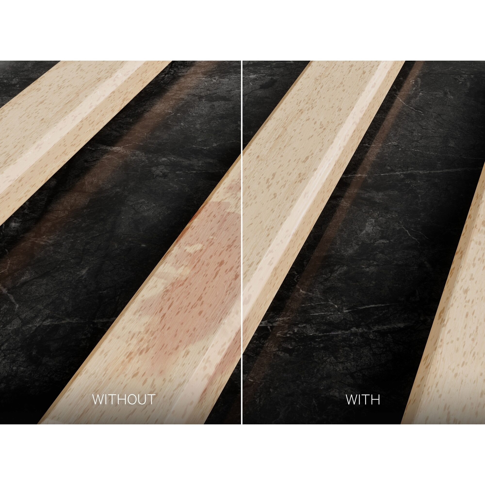 Tavole di legno affiancate. Una a sinistra è macchiata. Quella a destra è pulita. Testo: Senza, Con.