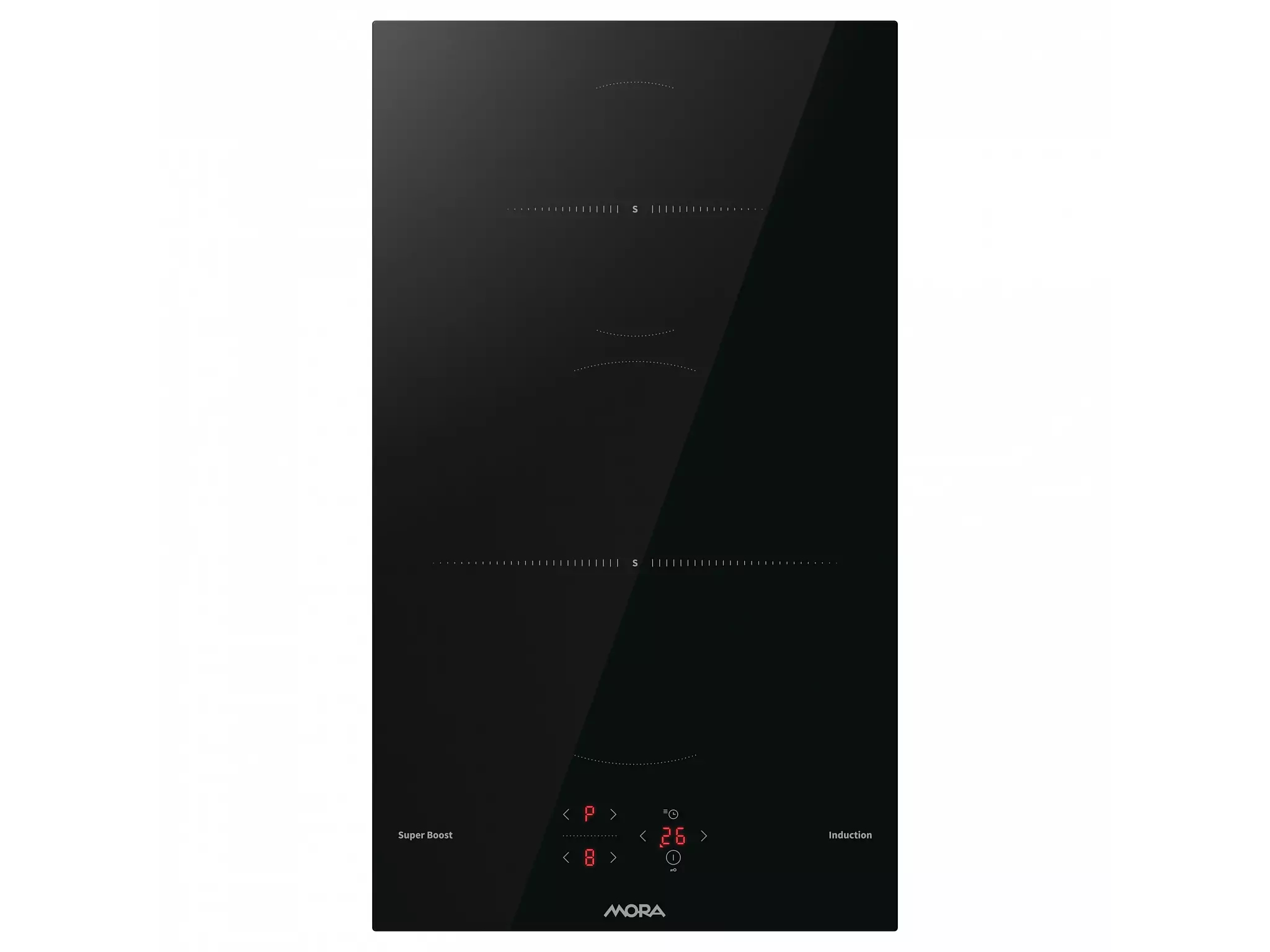 Czarna płyta indukcyjna z czterema polami grzewczymi i wyświetlaczem cyfrowym, z marką MORA.