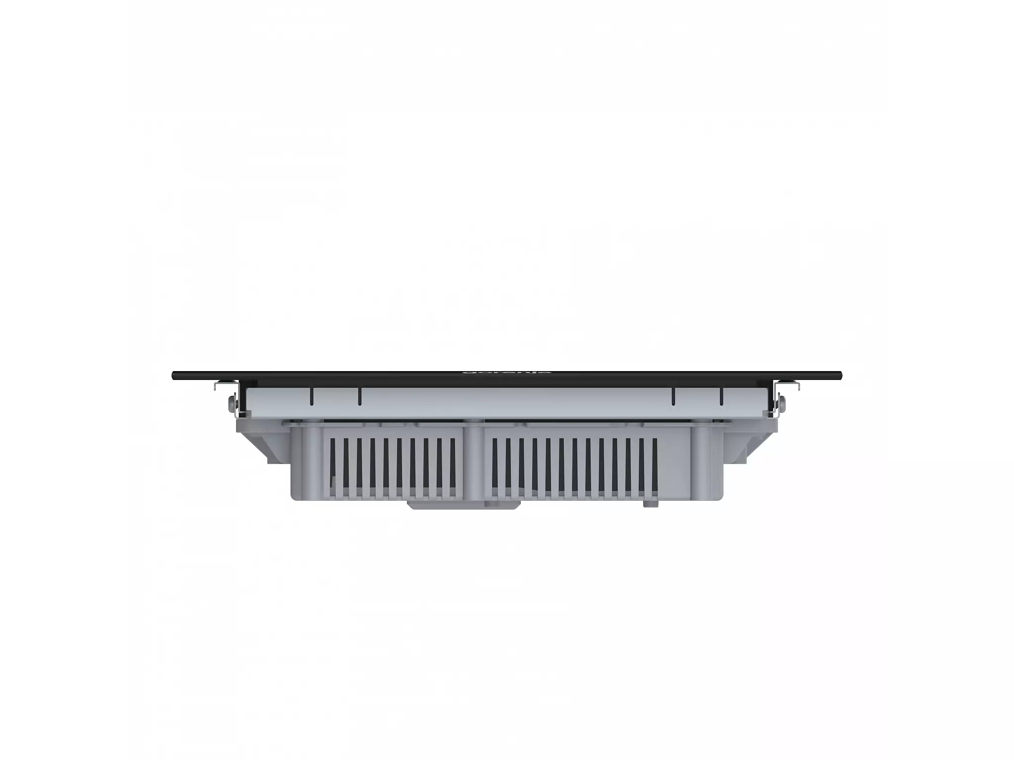 Widok z boku płyty indukcyjnej. Posiada srebrny podwozie z otworami wentylacyjnymi.