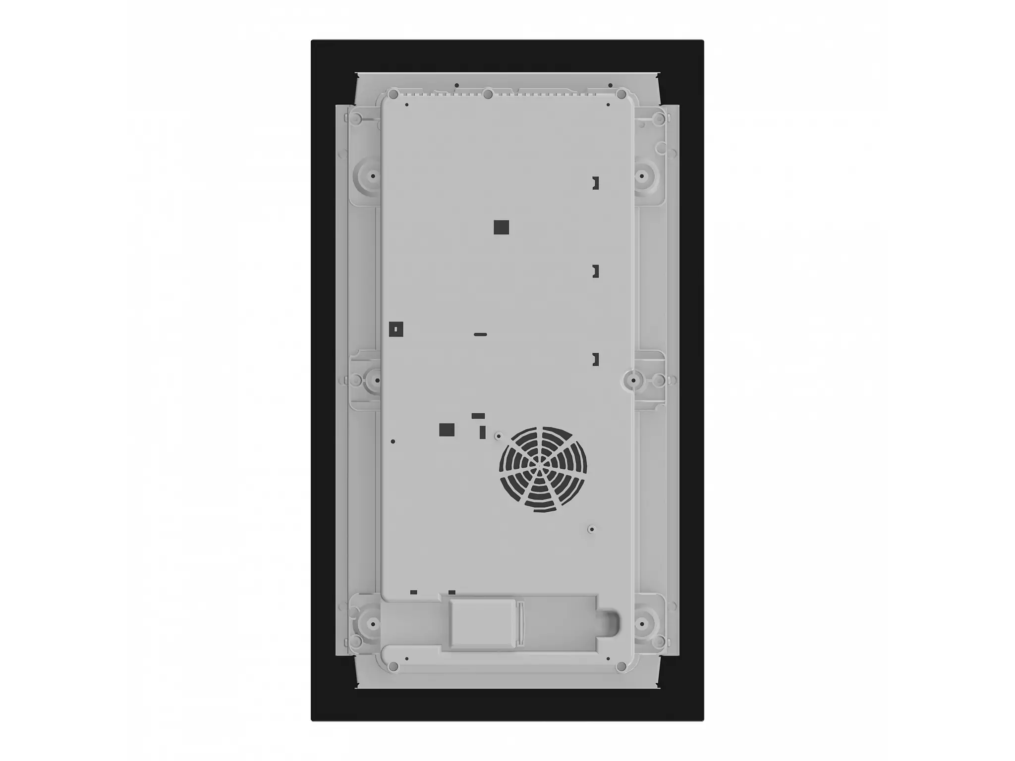 Widok od spodu płyty indukcyjnej. Posiada srebrną podstawę z wentylatorem i punktami mocowania.
