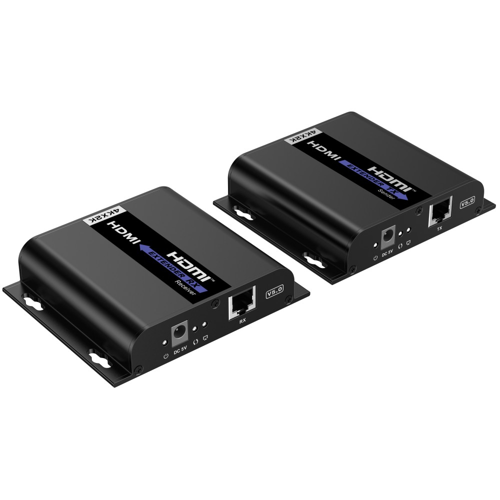 Due extender HDMI neri. Uno è un ricevitore, l'altro un trasmettitore, con porte.