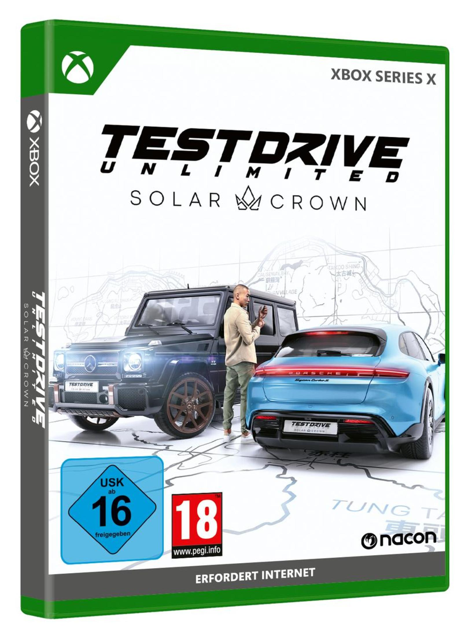 Scatola del gioco Test Drive Unlimited Solar Crown per Xbox Series X con auto e un uomo.