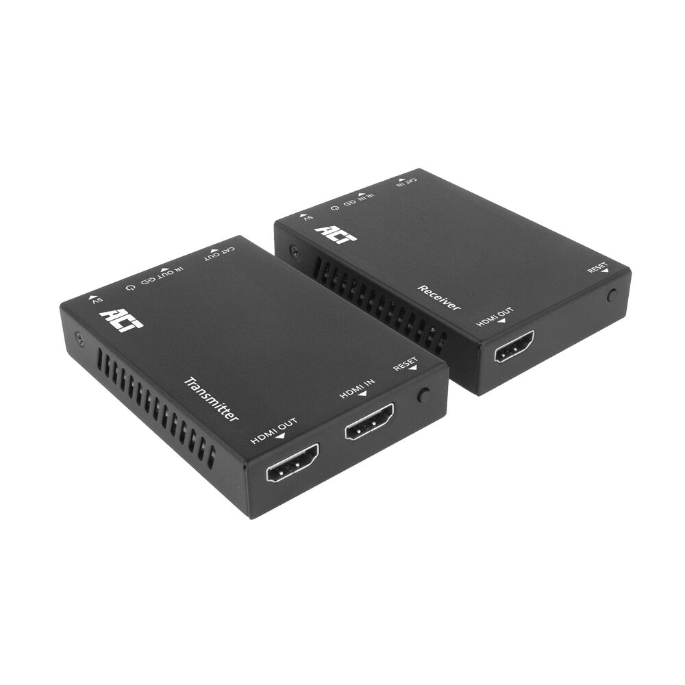 Due trasmettitori/ricevitori HDMI ACT neri. Uno è etichettato come 'Trasmettitore', l'altro come 'Ricevitore'.