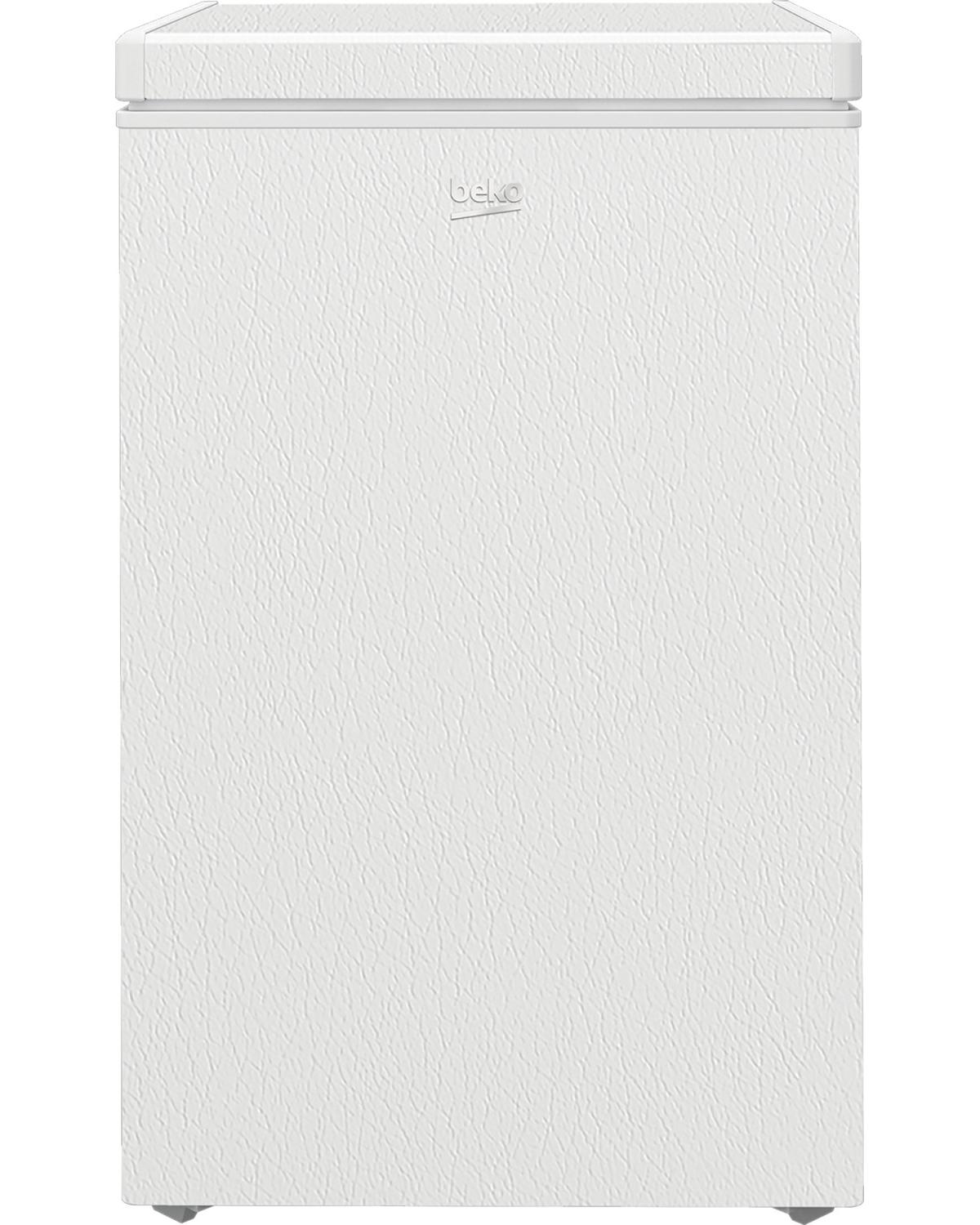 Un congelatore Beko bianco, con un semplice design strutturato e un coperchio ad apertura superiore.