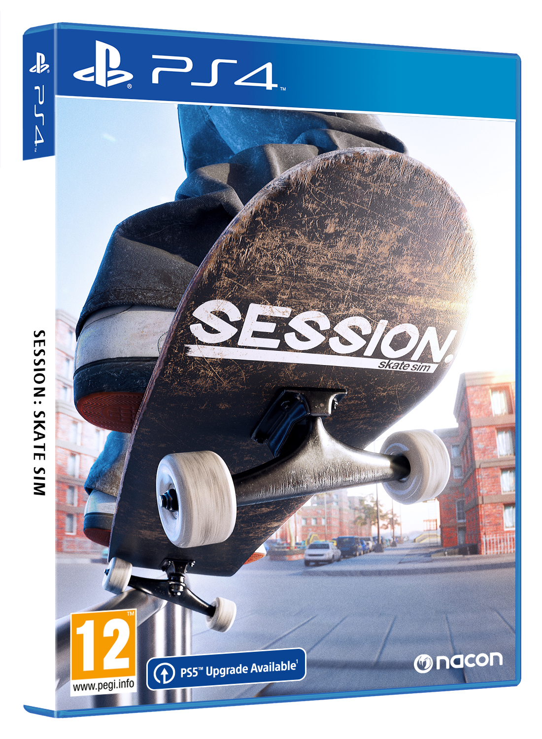 Scatola di gioco per PS4. Uno skater con Session: Skate Sim sulla tavola.