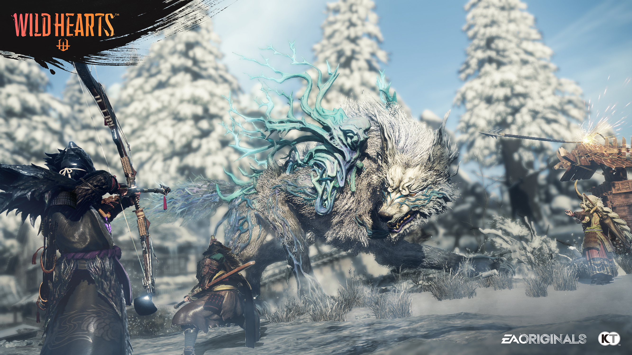 Un'immagine di una copertina del gioco PS5, Wild Hearts. Una creatura simile a un lupo e un guerriero in una scena di foresta innevata.