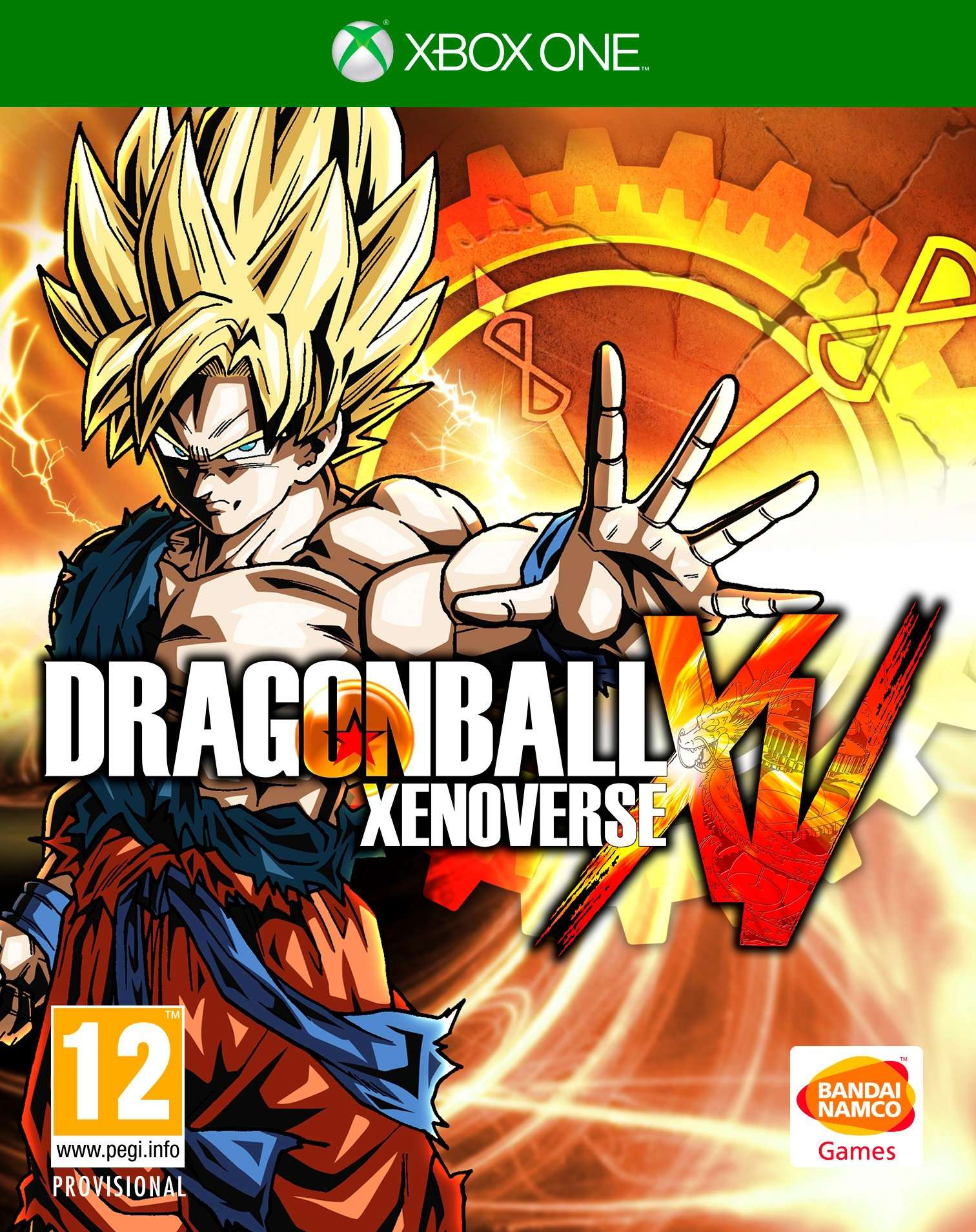 Okładka gry Dragonball Xenoverse, Goku w akcji, z tłem krajobrazu miejskiego.