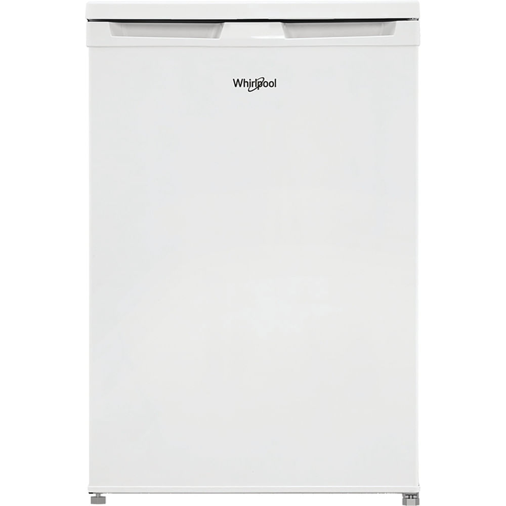 Vista frontal de un refrigerador Whirlpool blanco con la puerta cerrada. Fondo blanco.