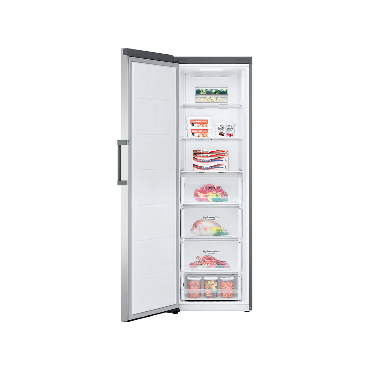 Interieur van een zilveren LG vriezer met de deur open, met planken en laden vol voedsel.