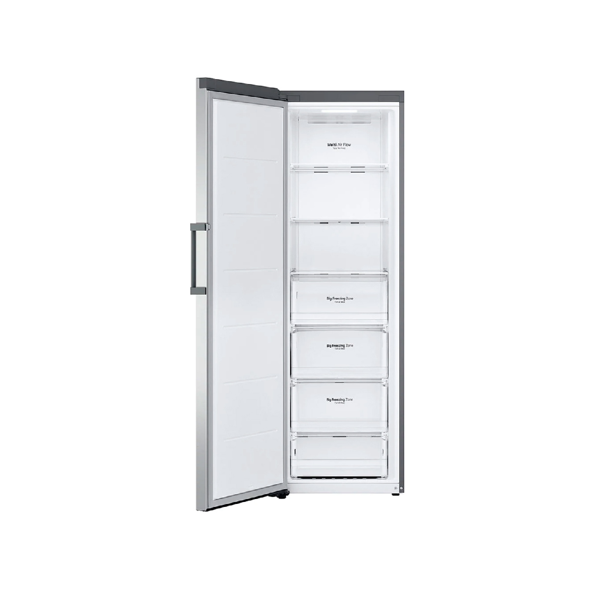 Interieur van een zilveren LG vriezer met de deur open, met planken en laden.