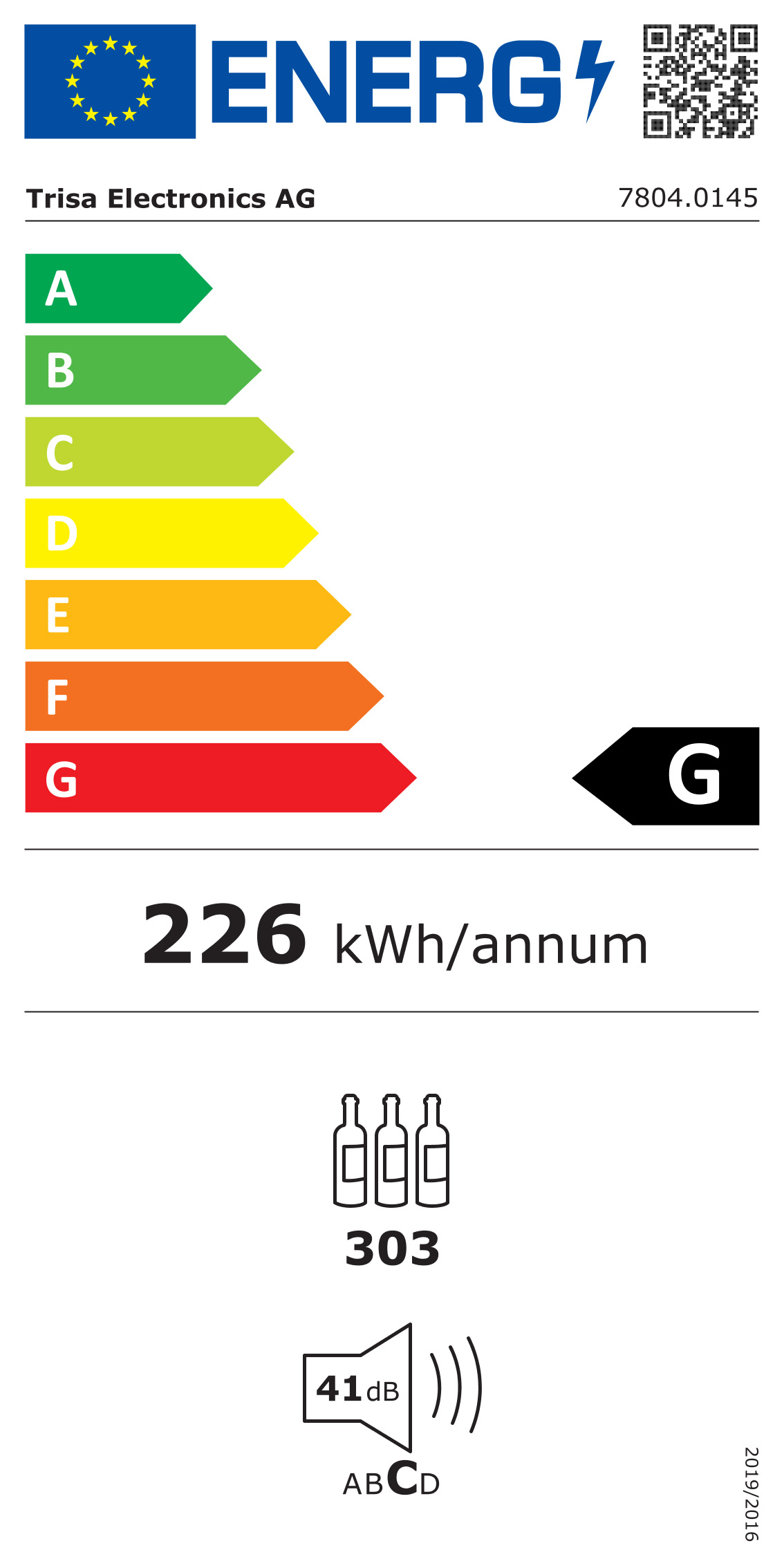 Energielabel für einen Weinkühler, mit Bewertungen und Spezifikationen.