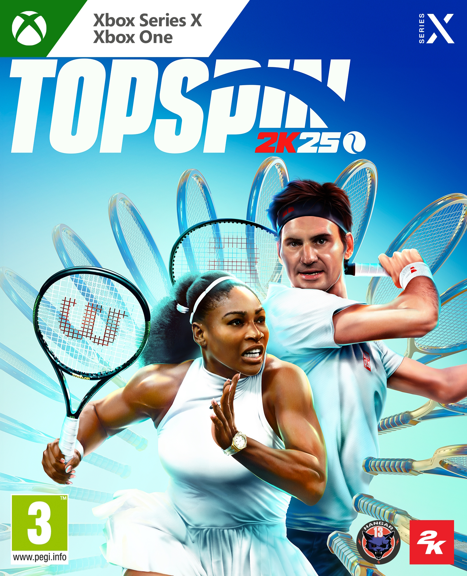 Copertina del gioco TopSpin 2K25 con i tennisti Serena Williams e Roger Federer. Sfondo blu.