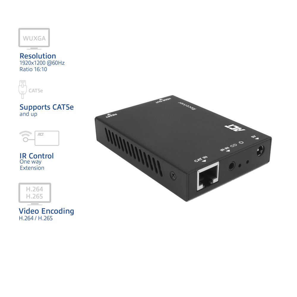 Black receiver with ports, CAT IN, IR IN, and other labels. Text: WUXGA, Resolution, Video Encoding.