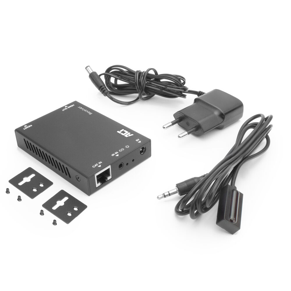 Black receiver with cables, power adapter, and accessories. White background.
