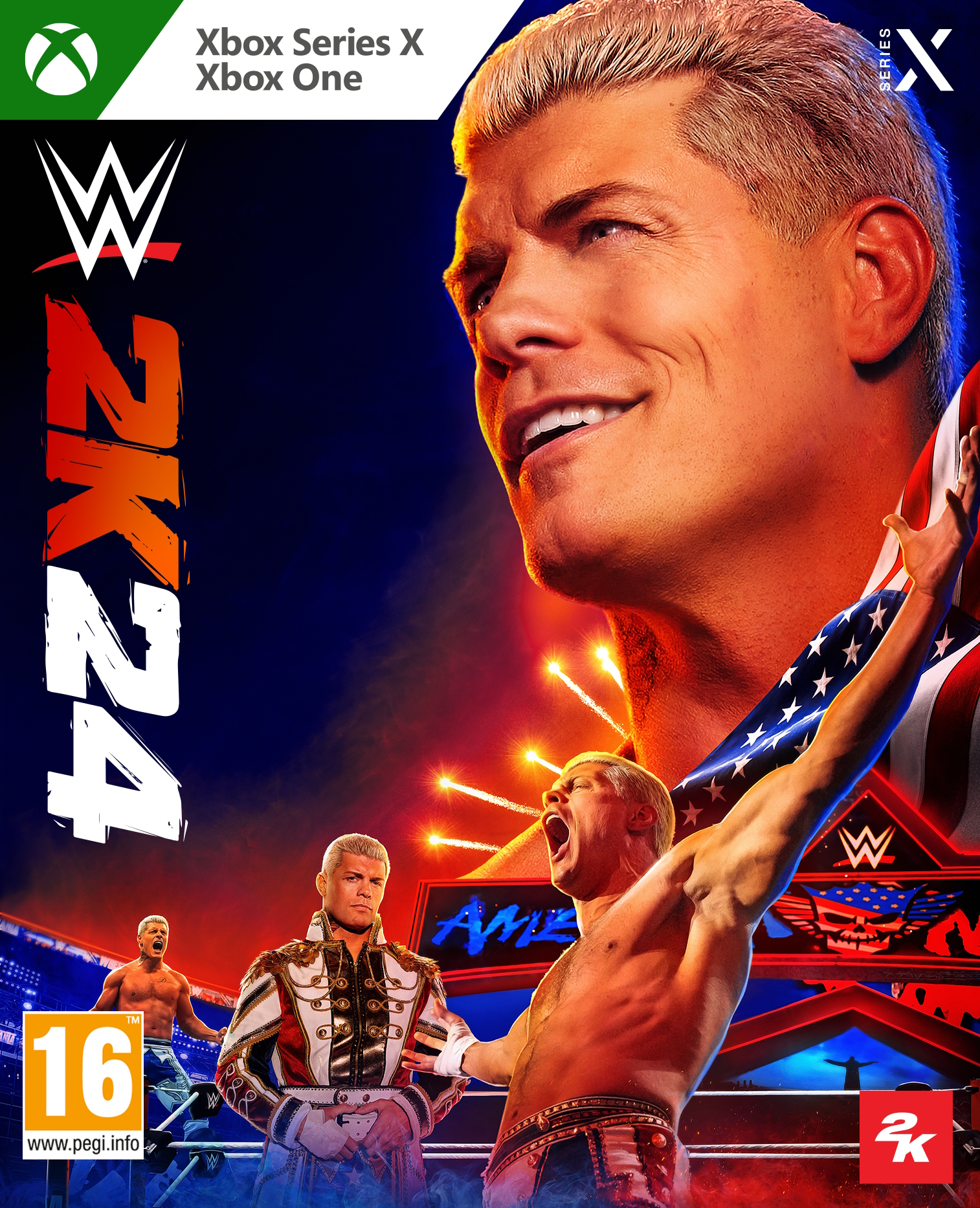 La copertina di un gioco di wrestling presenta lottatori e una bandiera americana. Il titolo del gioco è prominente.