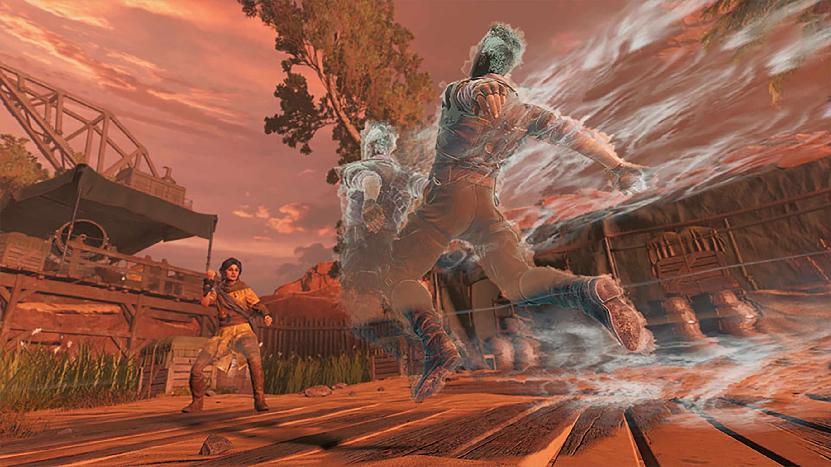 Scena z gry z postacią biegnącą i drugą z bronią.