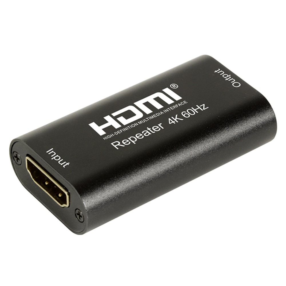 Ripetitore HDMI nero con porte di ingresso e uscita, sfondo bianco.