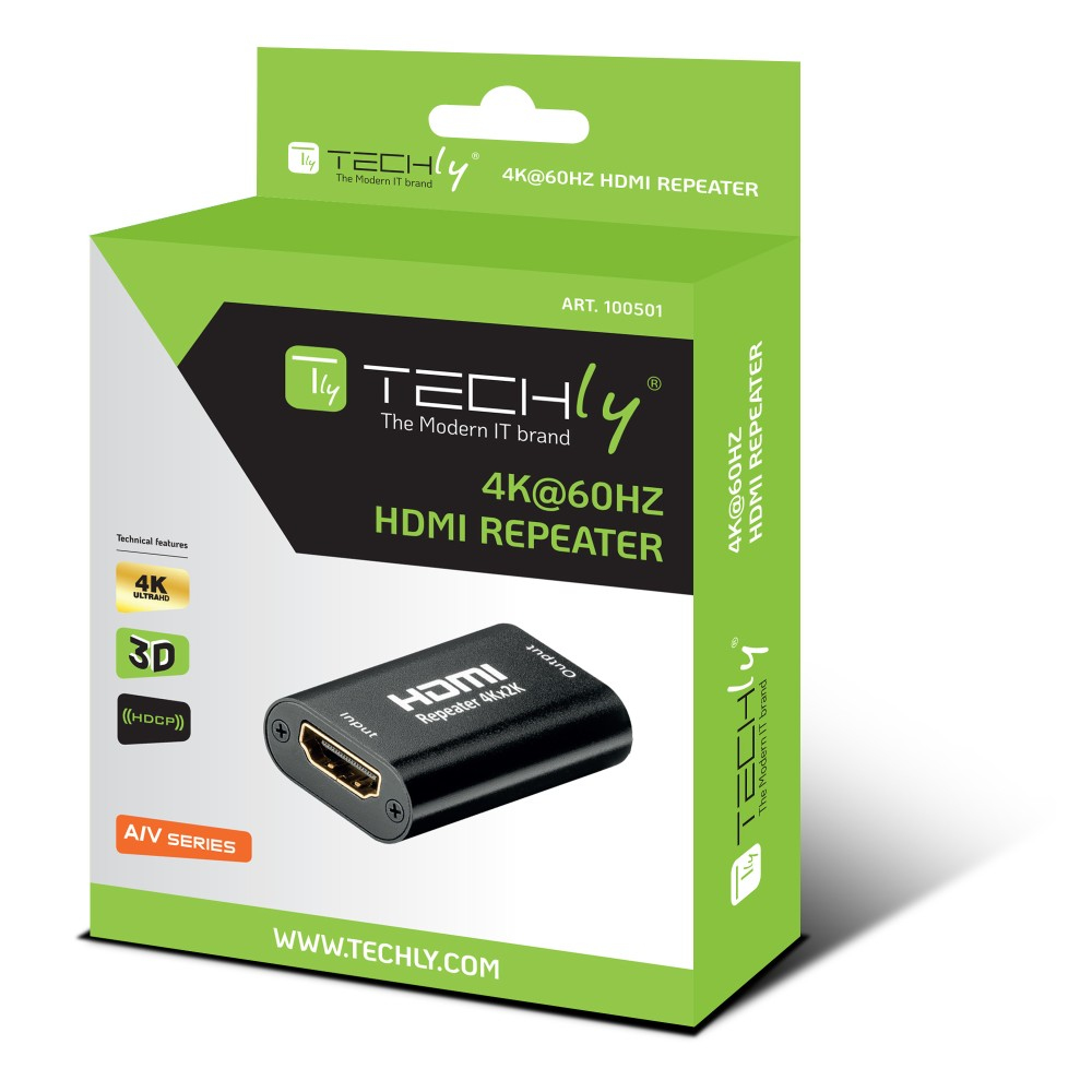 Scatola del ripetitore HDMI Techly con dispositivo mostrato, sfondo verde.