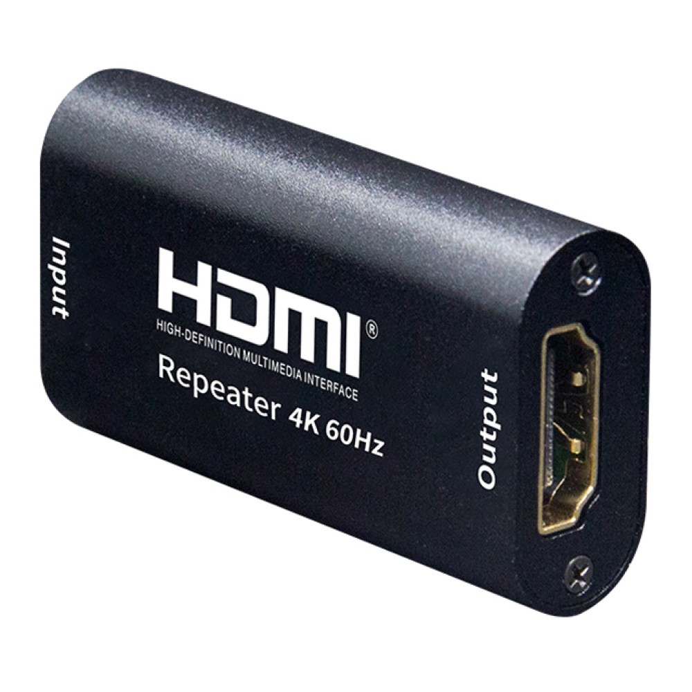 Ripetitore HDMI nero, primo piano, sfondo bianco.