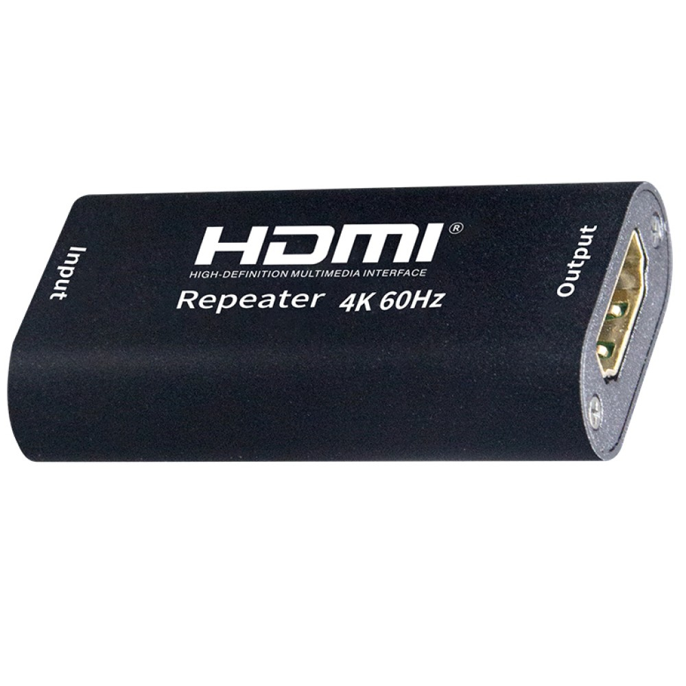 Dispositivo nero HDMI Repeater 4K 60Hz con etichette Input e Output sui lati.