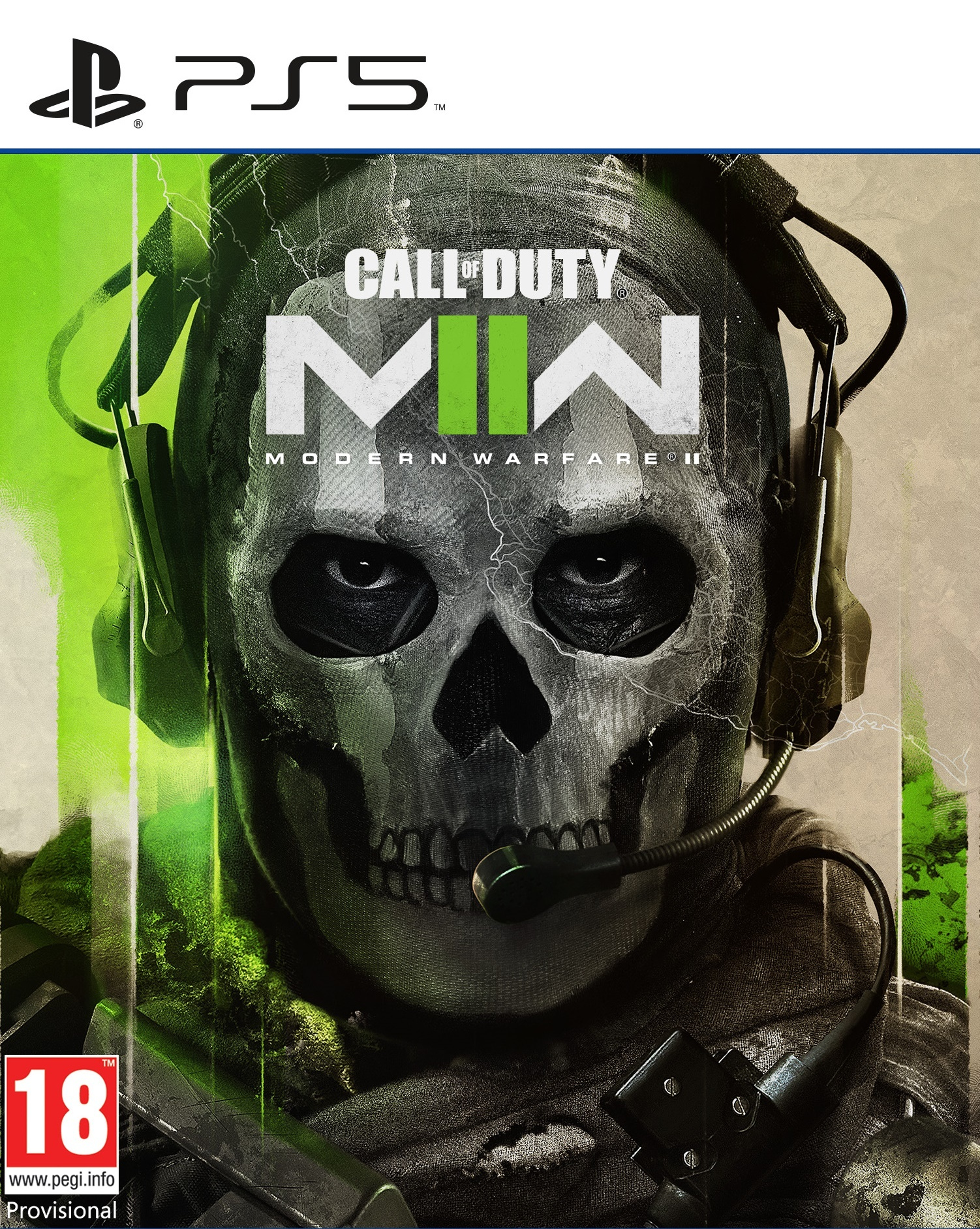 Okładka gry Call of Duty: Modern Warfare II. Czaszka ze słuchawkami. Logo PS5 w lewym górnym rogu.