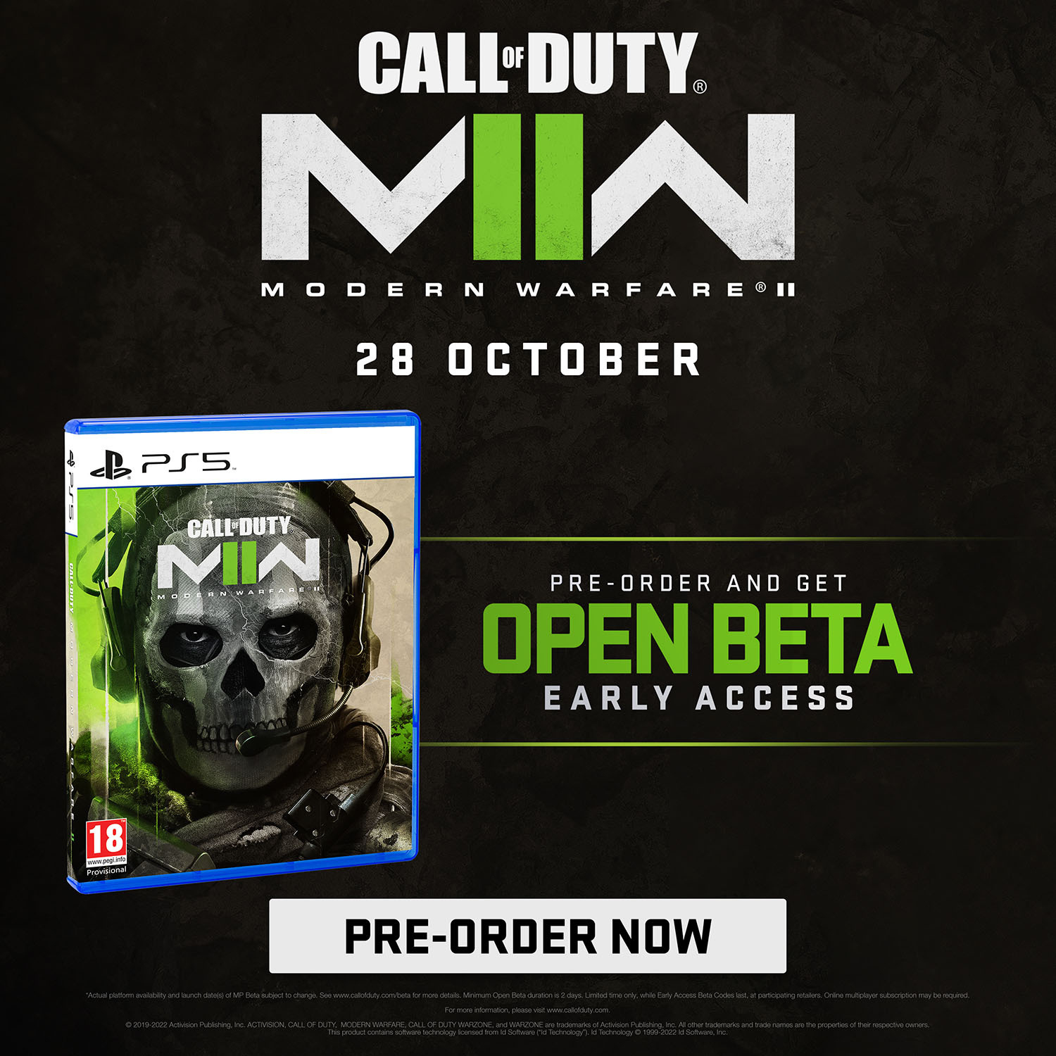 Pudełko gry Call of Duty: Modern Warfare II. Logo PS5 i szczegóły gry. Informacje o zamówieniu przedpremierowym.