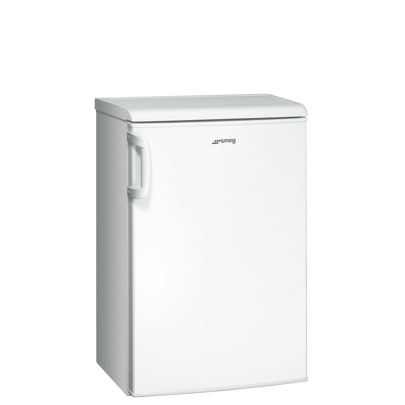 Frigorifero SMEG bianco e compatto con maniglia, isolato su sfondo bianco.
