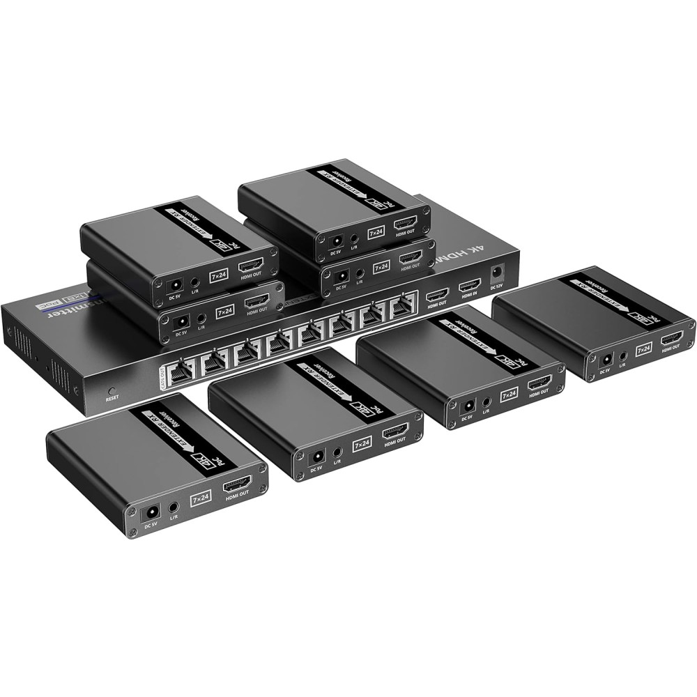 Diversi splitter ed estensori HDMI neri. Sono disposti su una superficie bianca. Connettori HDMI visibili.