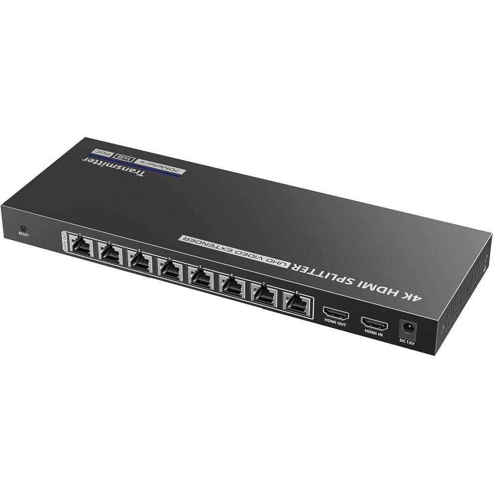 Uno splitter HDMI 4K nero con più porte HDMI, su una superficie bianca.
