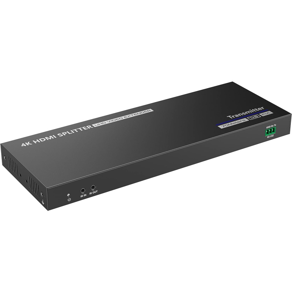 Uno splitter/estensore HDMI nero. Ha porte sul retro e sui lati. Il testo '4K HDMI SPLITTER'.