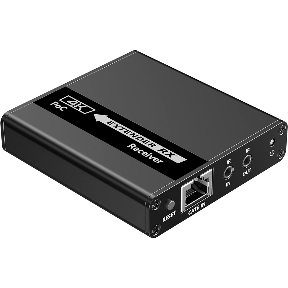 Un ricevitore extender nero con porte etichettate per CAT6 IN, HDMI OUT, DC 5V e L/R.
