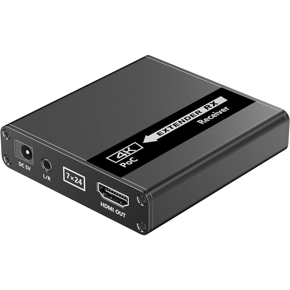 Un ricevitore extender 4K PoC nero. Ha porte HDMI OUT, DC 5V e L/R.