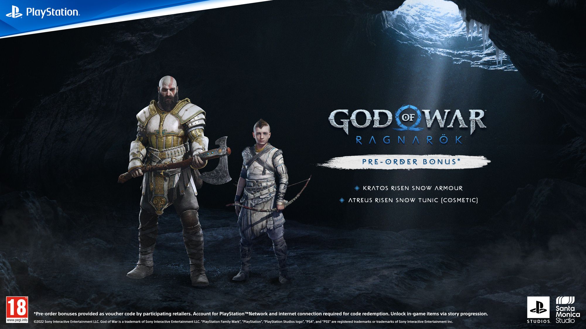 Kratos e Atreus, personaggi di God of War, in un ambiente cavernoso. Kratos tiene un'ascia.