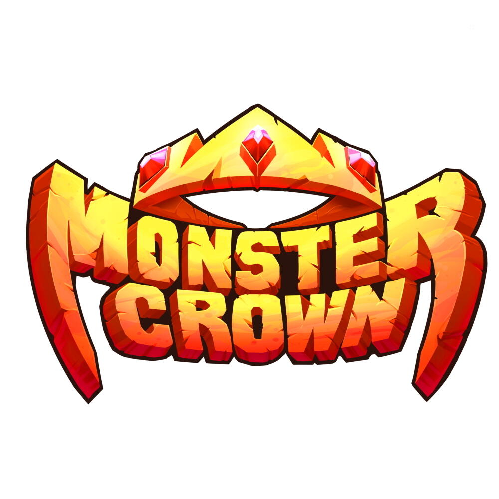 Logo Monster Crown. Żółta korona z czerwonymi klejnotami i potwornym wzorem.