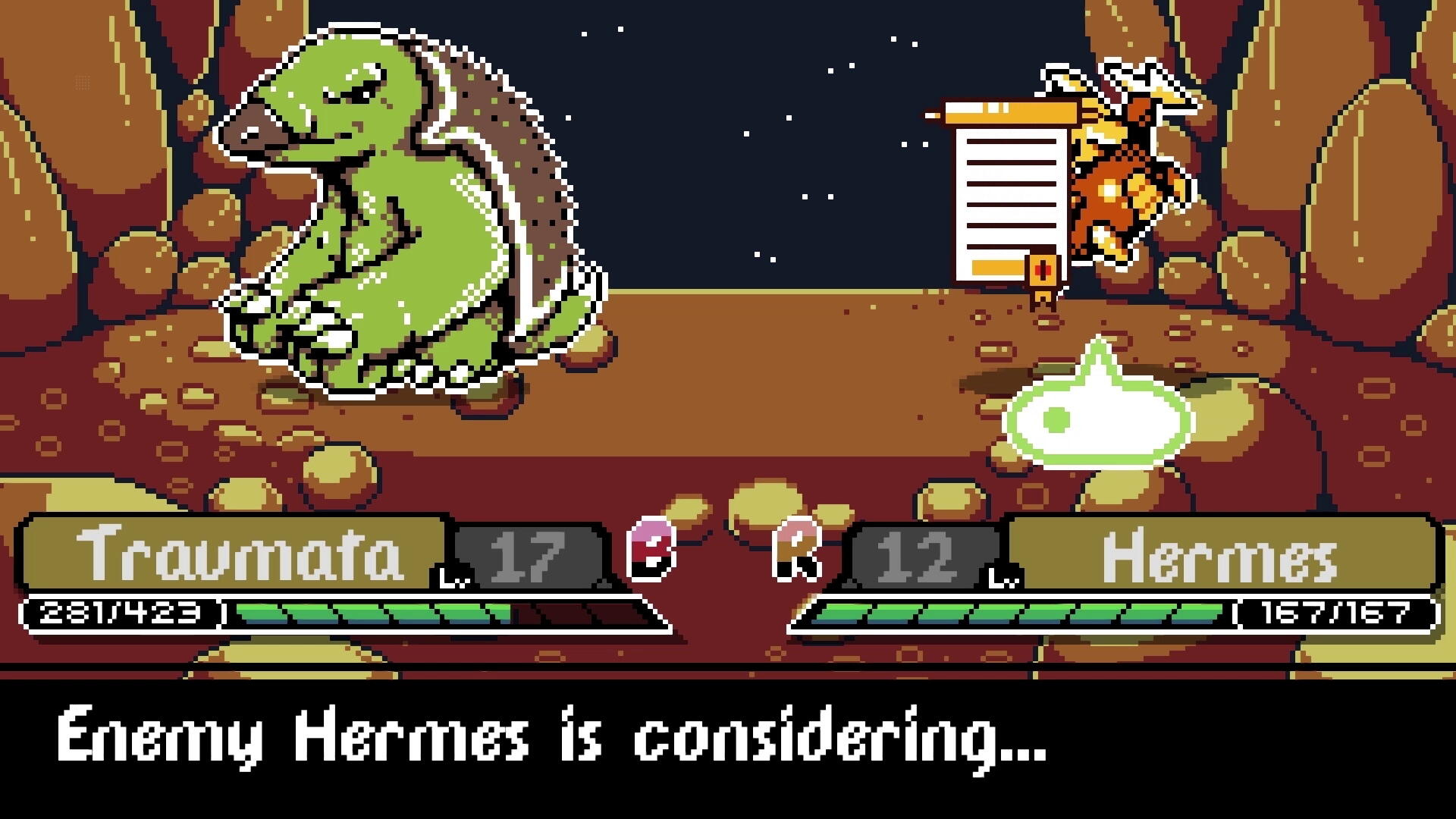 Scena bitwy w stylu pixel art z potworem i postacią, oboje z paskami zdrowia.