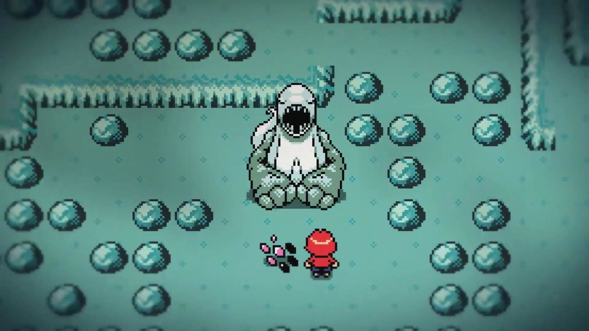 Scena pixel art z potworem i postacią w zaśnieżonym otoczeniu.