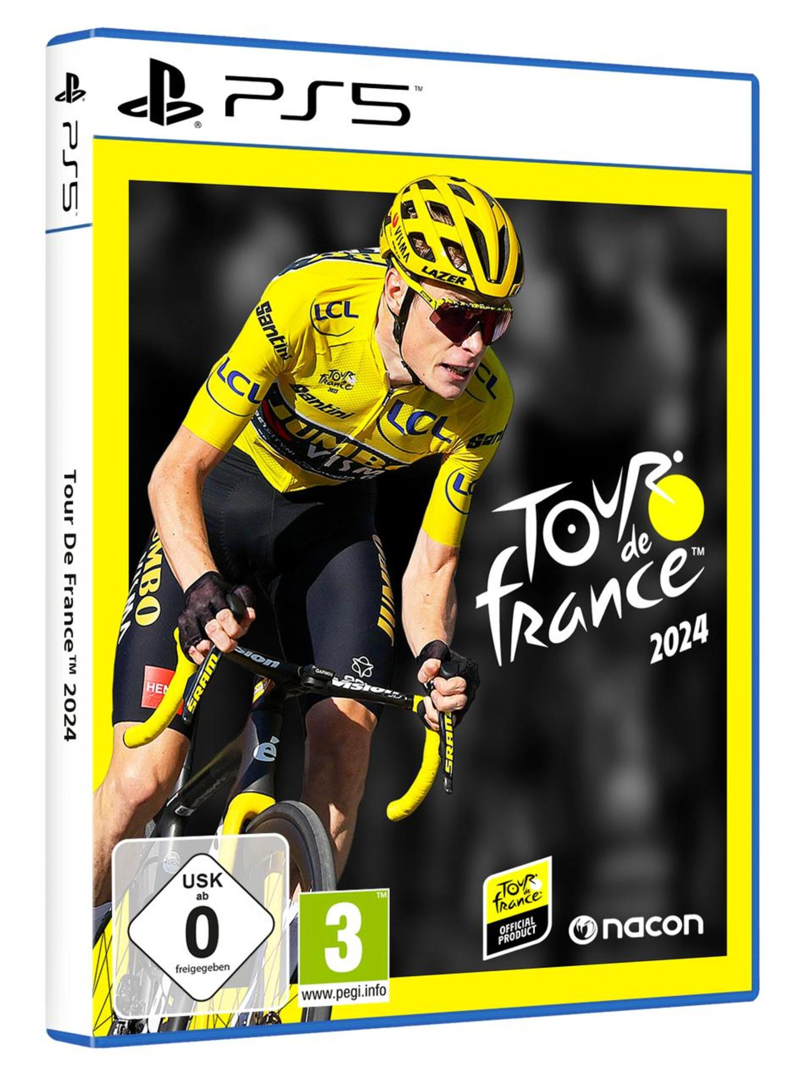 Videospielbox für Tour de France 2024 auf PS5. Radfahrer in gelbem Trikot.